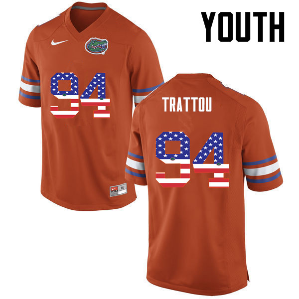 Youth Florida Gators #94 Justin Trattou College Football USA Flag Fashion Jerseys-Orange